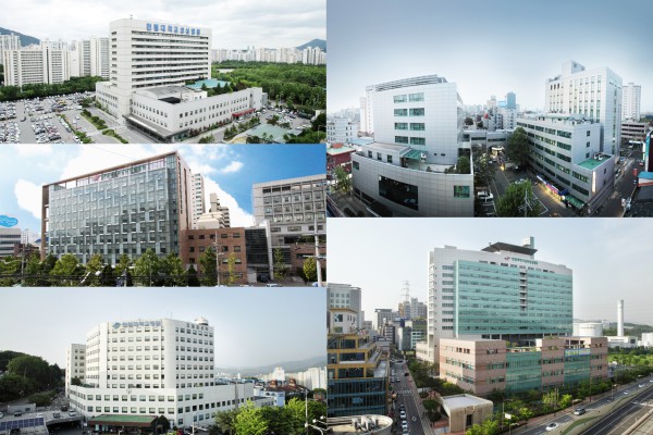 [사진] 위부터 시계 반대 방향으로 한림대학교성심병원, 한림대학교강남성심병원, 한림대학교춘천성심병원, 한림대학교동탄성심병원, 한림대학교한강성심병원