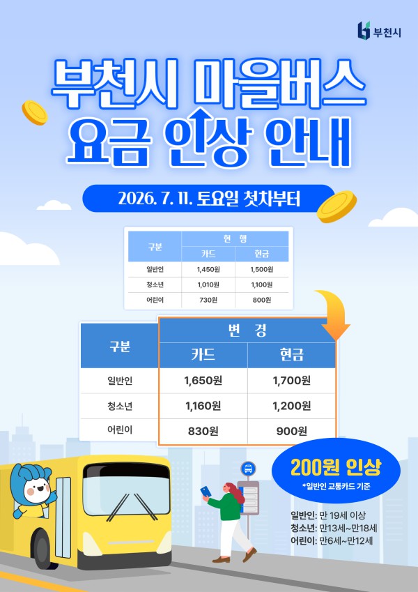 [사진] 부천시 마을버스 요금 인상 안내 포스터