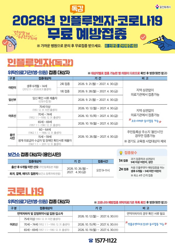 [사진] 용인특례시 인플루엔자·코로나19 무료 예방접종 안내문
